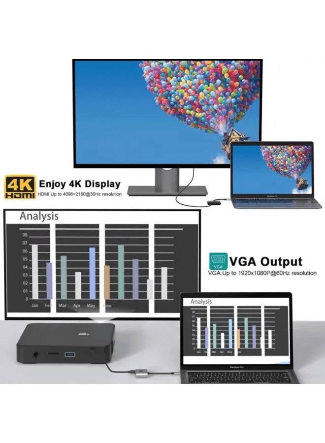 هينغ محول HI-2001-TCVH من USB-C إلى HDMI وVGA، محول من النوع C إلى VGA إلى USB-C Thunderbolt 3 لشاشتين - Image 2